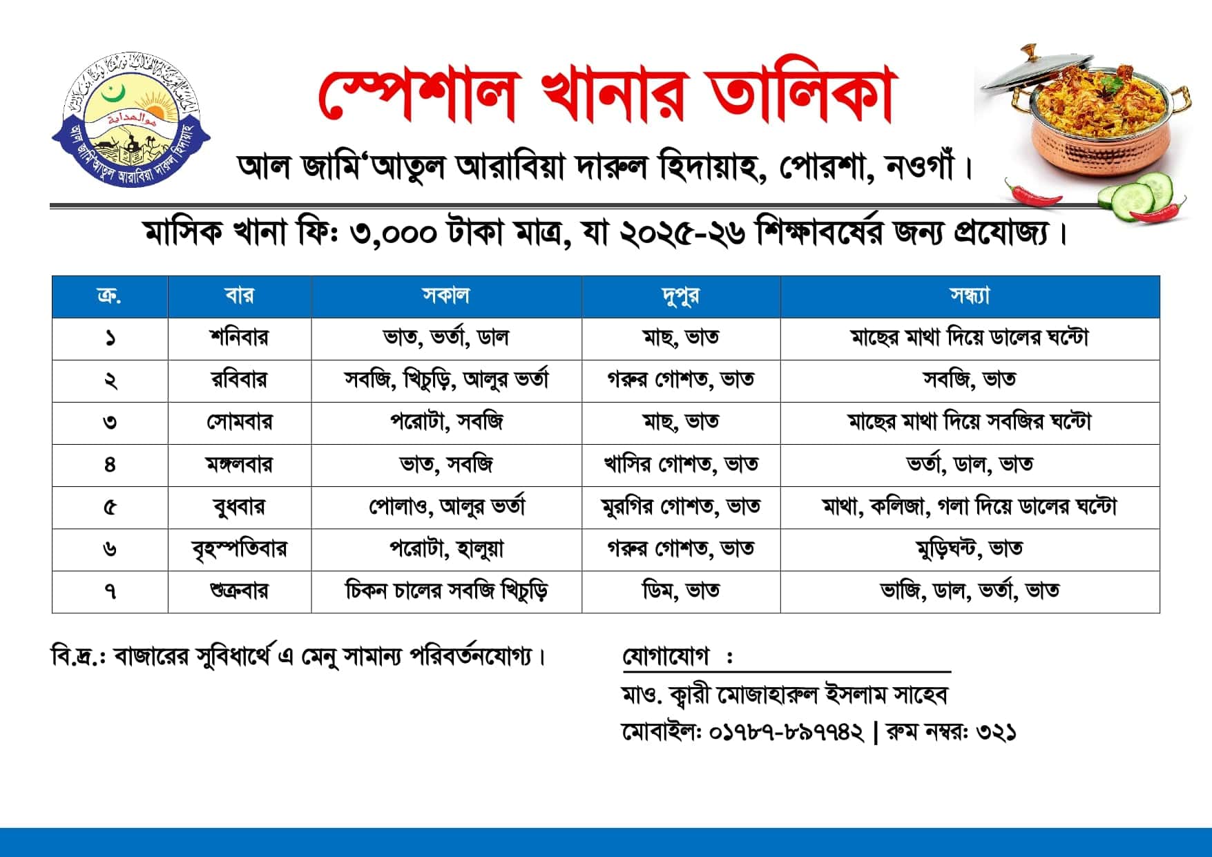 স্পেশাল খানার তালিকা:আল জামি'আতুল আরাবিয়া দারুল হিদায়াহ, পোরশা, নওগাঁ।